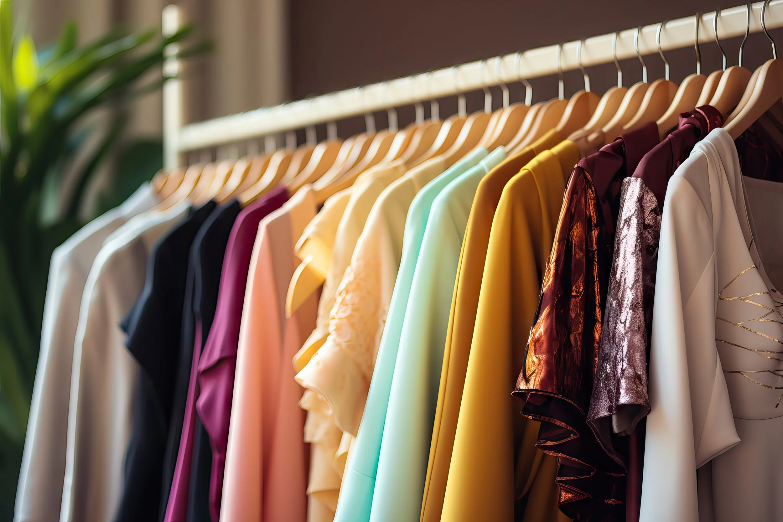 Clothing racks with colorful dresses and tops in a retail store.