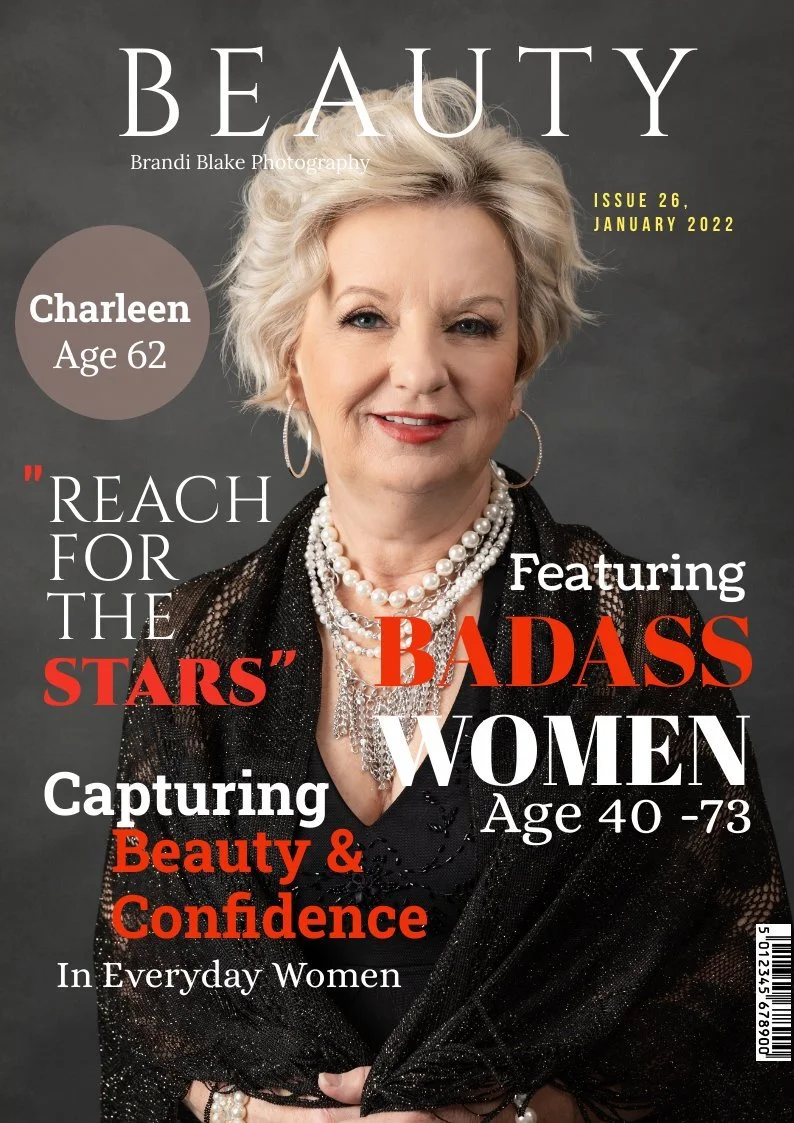 Front cover of a magazine featuring an older woman with short, styled gray hair, wearing large hoop earrings, layered pearl necklaces, and a black sparkly outfit. The magazine is titled 'Beauty' and highlights women aged 40 to 73, with quotes like 'R