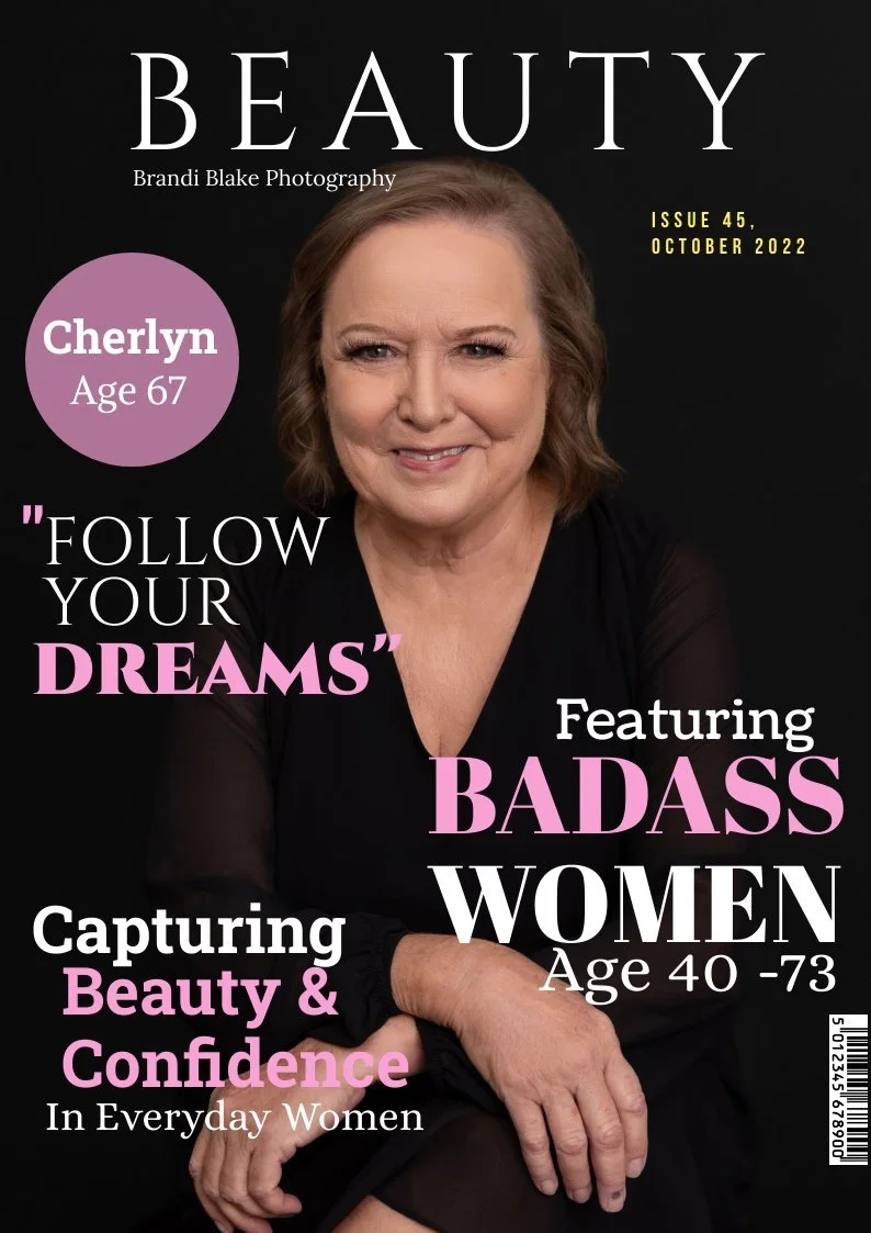 Magazine cover for Beauty magazine, featuring a middle-aged woman with brown hair and a black top, smiling. The cover includes headlines about women aged 40 to 73, confidence, beauty, dreams, and featuring a woman named Cherlyn, age 67, for October 2