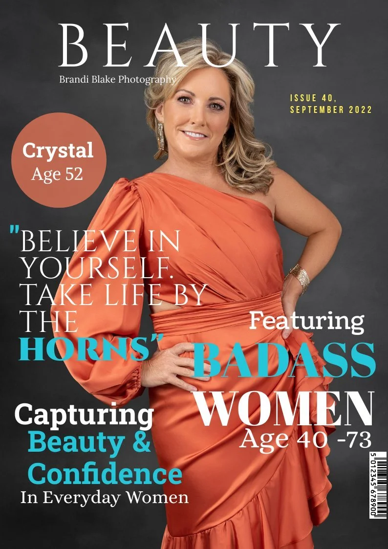 Cover of a magazine titled 'Beauty,' featuring a woman in an orange dress with light brown hair, smiling, against a plain dark background. Text includes her name 'Crystal,' age 52, and headlines about women aged 40 to 73 promoting confidence and beau